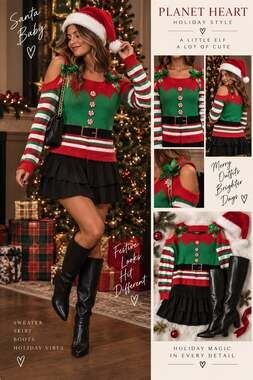 Planet Heart Juniors Elf Cold-Shoulder Christmas Sweater Dress Size L